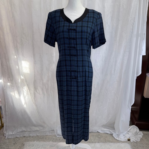 Dawn Joy II Dresses & Skirts - Dawn Joy II Vintage Plaid Midi Dress Blue Black Frog Closure Petite 12P USA Made